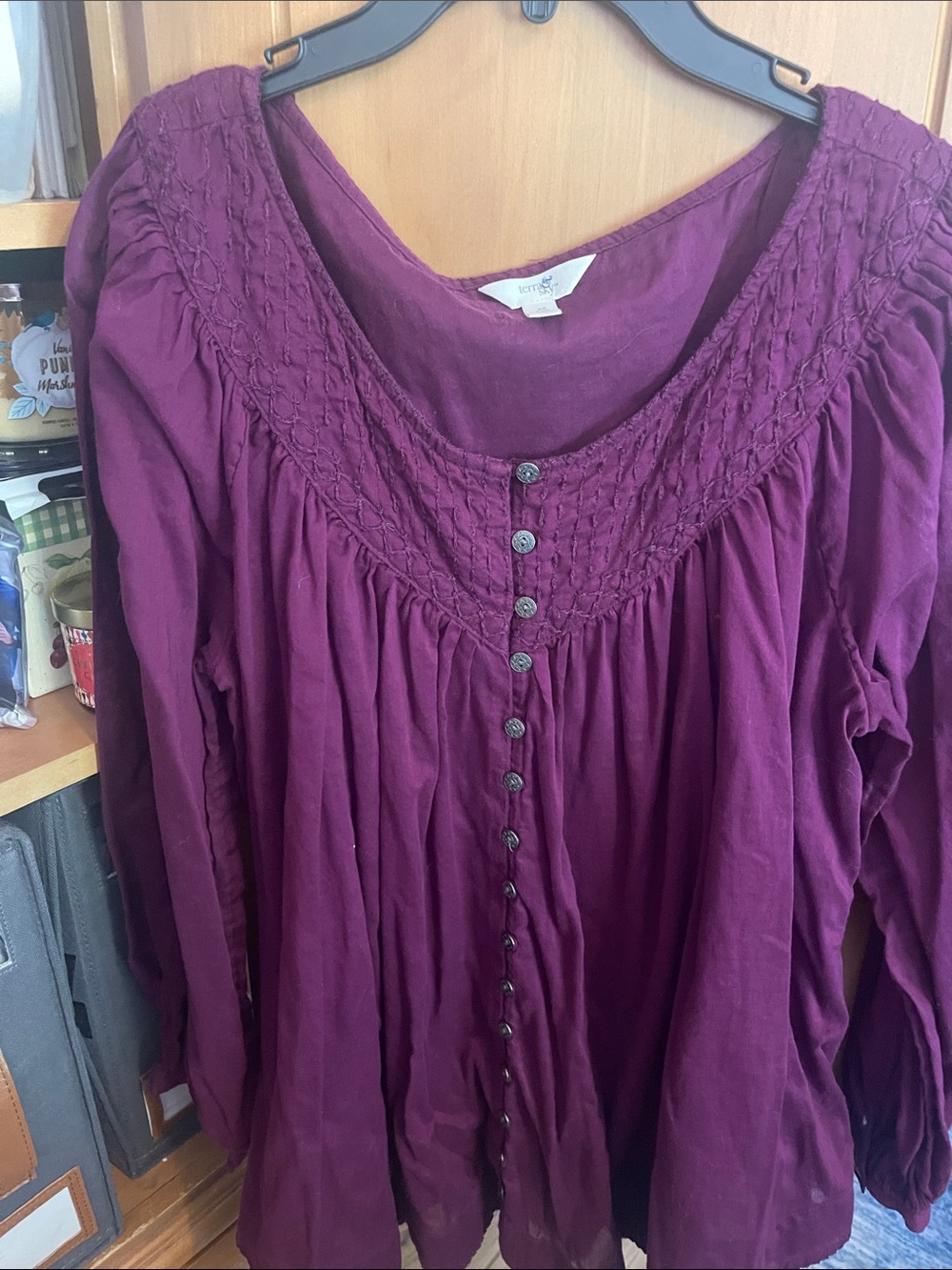 Terra & Sky Plum Button-Front Peasant Blouse